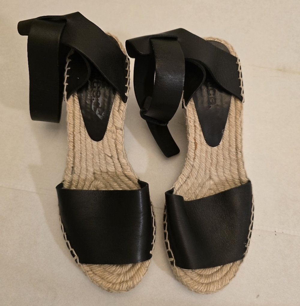 Vince Black Leather Wedge Sandals Ankle Strap Size 37